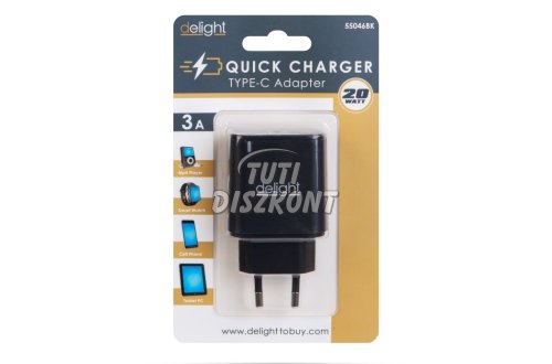 Adapter Type-C gyorstöltő,PD20W-fekete 55046BK, 1 db