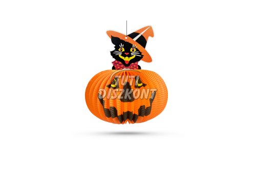 Halloween-i tökös lampion macskával akasztható 26cm 58137A, 1 db